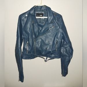 Fashion Nova navy blue leather jacket, size large.